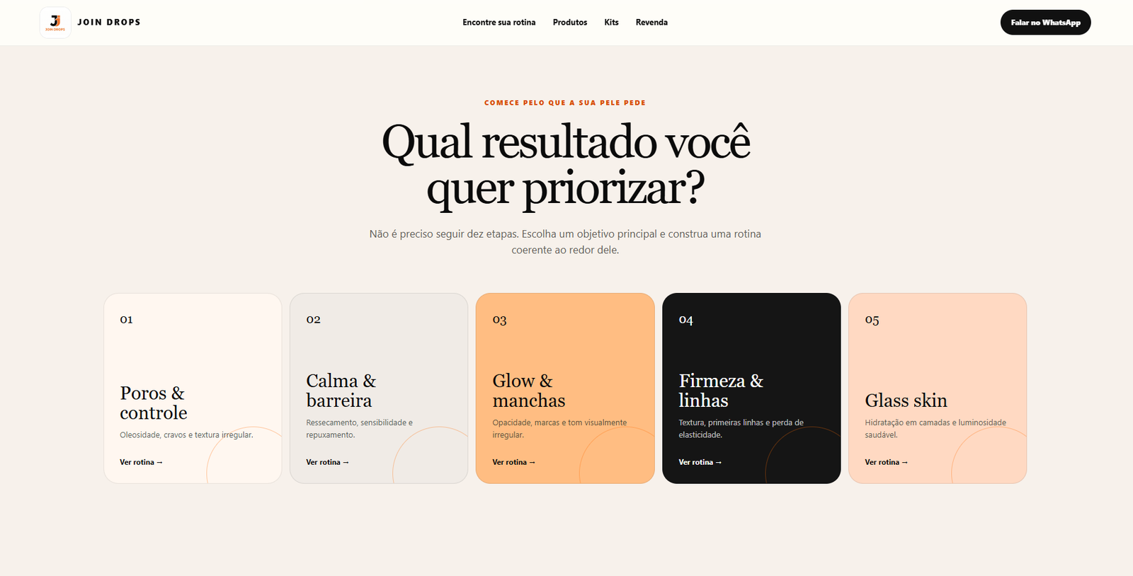 Seleção de rotinas por objetivo no site Join Drops